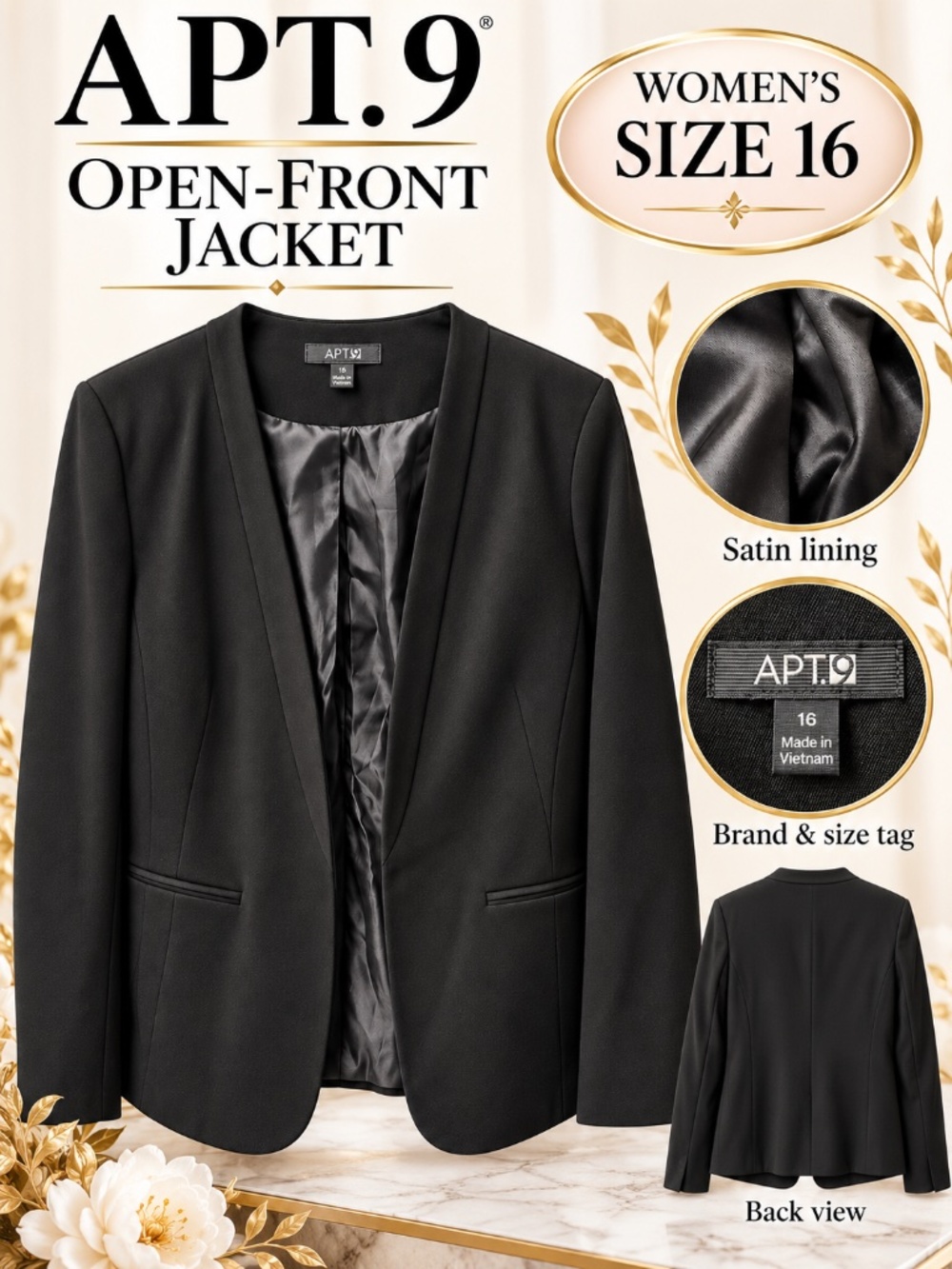 APT.9 Black Open Front Blazer Jacket Women’s Size 16 Satin Lined